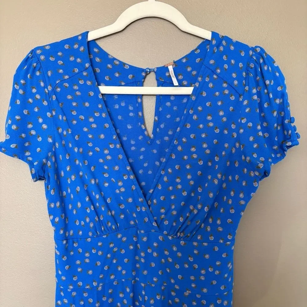 Free People Bright Blue Short Sleeve Wide Leg Jumpsuit with White Dot Print